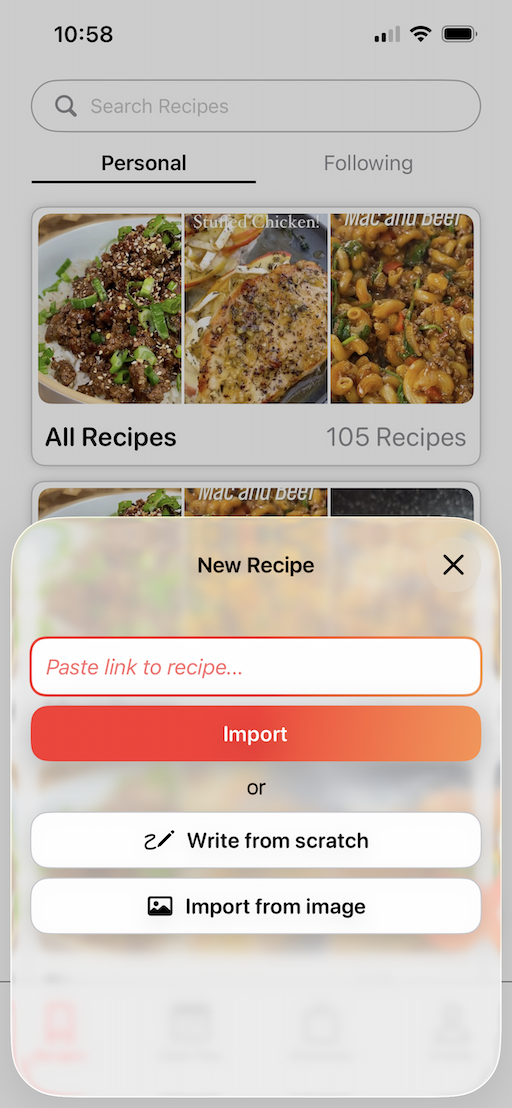 Kitch app showing import feature